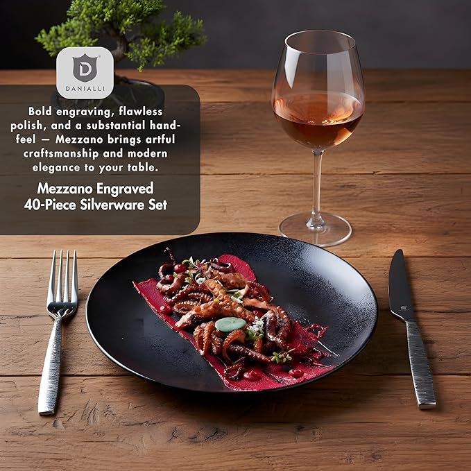 Engraved Silverware Set for 8 | 18/10 Stainless Steel Flatware with Mirror Finish and Engraved Handles | Heavy-Duty, Dishwasher Safe, Built to Last (40-Piece, Mezzano Engraved)