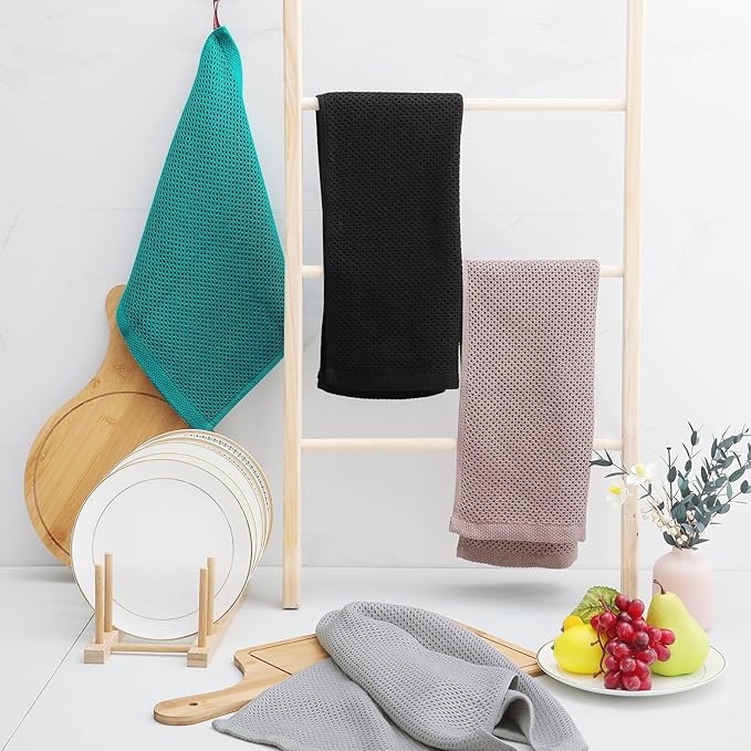 Homaxy 100% Cotton Waffle Weave Kitchen Dish Towels, Ultra Soft Absorbent Quick Drying Cleaning Towel, 13 x 28 Inches, 24-Pack, Black