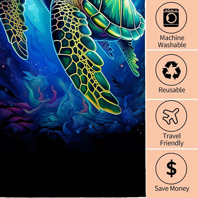 Sea Turtle Hand Towels Set 2PCS, 14.5x28 Inch, Neon Ocean Creature with Underwater Scene Design, Polyester Towel for Adults, Bathroom, Kitchen, Spa, Hotel, Vibrant Marine Decorative Gifts