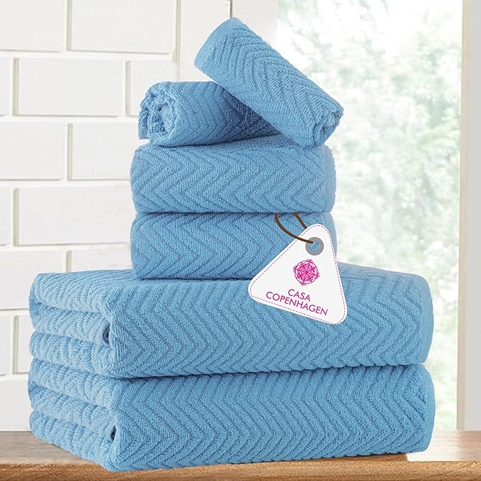 CASA COPENHAGEN Wave Textured 6 Pieces Towel Set- Dusty Blue, 550 GSM 2 Bath Towel 2 Hand Towel 2 Washcloth, Rough & Tough Use Cotton Towels Gift Set for Bathroom