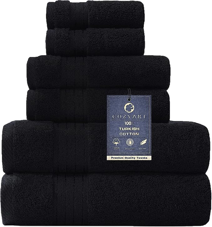 COZYART Black Bathroom Towel Sets 6Pcs 650 GSM 100% Cotton Bath Towel Set for Bathroom Super Absorbent Durable Luxury Set with 2 Bath Towels, 2 Hand Towels, 2 Washclothes