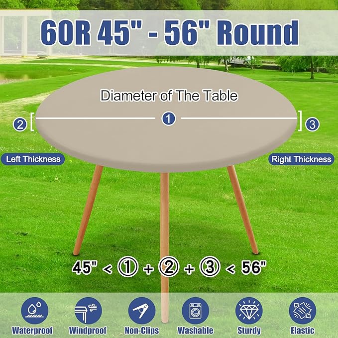 Round Spandex Tablecloth, Elastic Fitted Waterproof Tablecloths for 45"-56" Tables, Stretch Washable Picnic Table Cover for Camping, Dining, Indoor and Outdoor, Taupe
