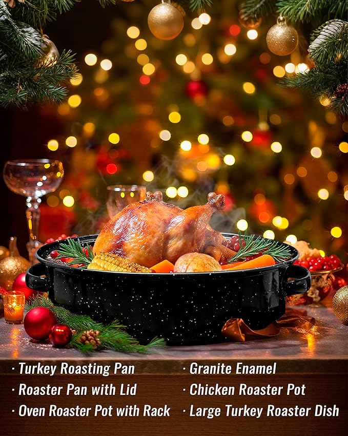 Roasting Pan with Lid & Rack 18 Inch Extra Large Deep Oven Baking Pot, Enamel Granite NonStick Oval Carbon Steel Potato Roaster Pot for Turkey Chicken Steak NonToxic Perfect for Christmas Party