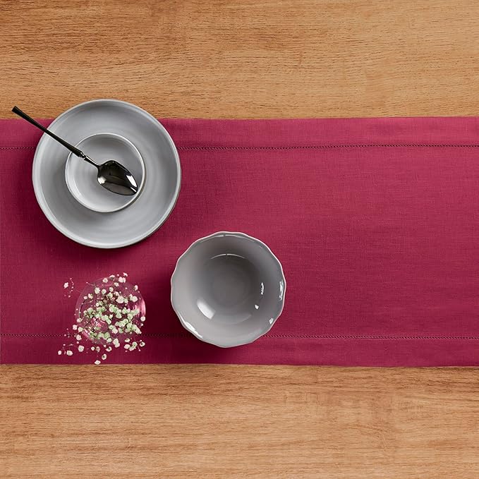 Solino Home Linen Beet Table Runner 132 Inches Long - 100% Pure Linen Extra Long Table Runner 14 x 132 Inch for Valentines, New Year - Classic Hemstitch