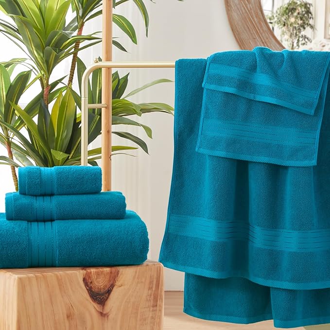 COZYART Crystal Teal/Peacock Blue Bath Towel Set for Bathroom Soft Absorbent Durable 650 GSM Turkish Cotton Towel Set of 6, 2 Large Bath Towels, 2 Hand Towels, 2 Washclothes