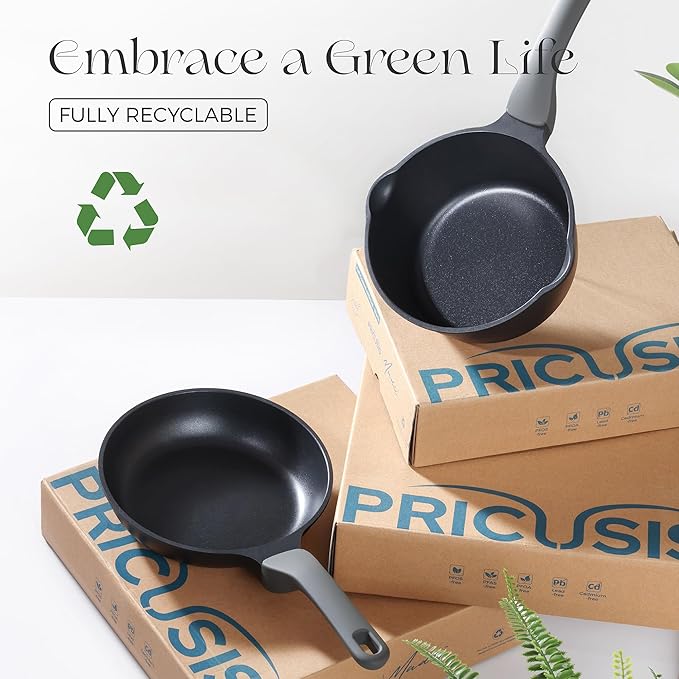 PRICUSIS Nonstick Saucepan with Lid, 2 Quart Non Toxic Pot with Pour Spouts, Full Coated, 100% Dishwasher Safe, Induction Compatible & Oven Safe, PTFE & PFOA Free, Black Sesame