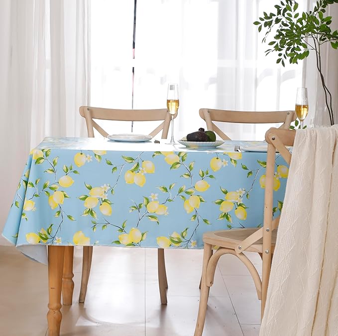 Walrus Heavy Duty Vinyl Tablecloth with Flannel Backing Waterproof Oil-Proof Plastic Table Cloth Stain-Resistant Wipeable Rectangle or Square Table Cover for Indoor and Outdoor (Lemon, 60x84 Inch)