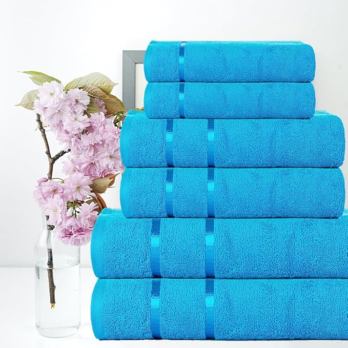 CASA COPENHAGEN Eternal 6 Pieces Towel Set-Teal Blue, 500 GSM 2 Bath Towel 2 Hand Towel 2 Washcloth, Designed in Denmark Made of Soft Egyptian Cotton for Bathroom, Kitchen & Shower