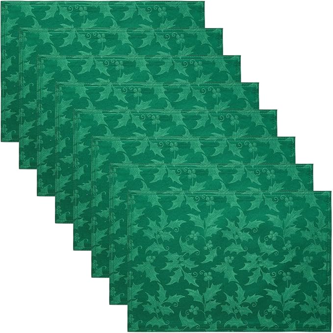 Cloth Place Mats Set of 8–Reusable Rectangular Waterproof Fabric Polyester Washable Wipeable Heat Resistant jacquard floralflowers for Kitchen Dining Dinner Wedding Table(Dark Green/13x19Inch)