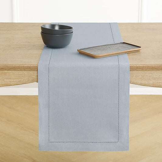 Solino Home Linen Dusty Blue Table Runner 60 Inches - Classic Hemstitch, 100% Pure Linen Coffee Table Runner 14 x 60 Inch Ideal for Dresser Tables - Winter