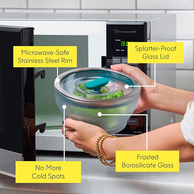 Anyday 4-Pc Microwave Cookware & Glass Food Storage Set with Glass Lids | Large Plastic-Free Containers | Stackable Steamer with Vented Lid for Microwave-Safe Reheating & Steaming Vegetables, Rice