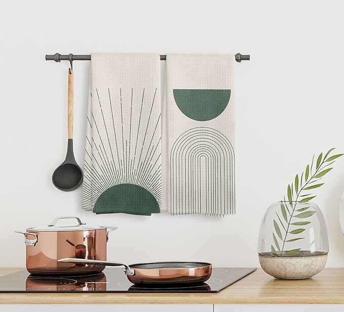 Beige Green Abstract Sunrise Kitchen Towels and Dishcloths Set of 2, Bohemian Sun Decorative Towels, Green Moon Drying Cloth Hand Towels for Bohemian Bathroom Kitchen Decor, 16×24 Inches