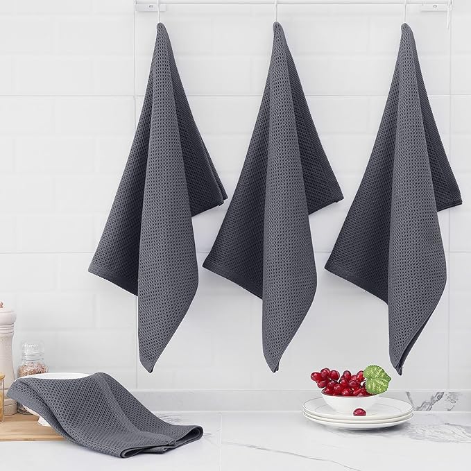 Homaxy 100% Cotton Waffle Weave Kitchen Dish Towels, Ultra Soft Absorbent Quick Drying Cleaning Towel, 20x28 Inches, 12-Pack, Dark Grey