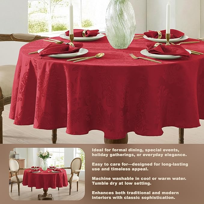 Newbridge Christmas Barcelona Damask Fabric Tablecloth, 90 Inch Round, Red – No Iron, Soil Resistant Table Cover for Dining, Parties and Holidays