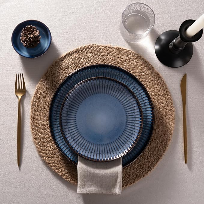 Famiware Starlight Plates and Bowls Dishes Set of 8 (24 Pieces), Ribbed Textured Stoneware Dinnerware Sets- Dishwasher & Microwave Safe, Chip & Scratch Resistant, Starry Blue