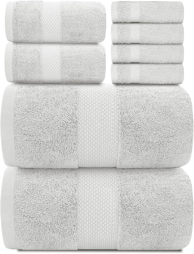 White Classic Luxury Bath Towel Set of 8 Pieces - 100% Turkish Cotton Highly Absorbent Towels for Bathroom, 2 Luxury Bath Towels 700GSM, 2 Hand Towels, 4 Washcloths, Silver
