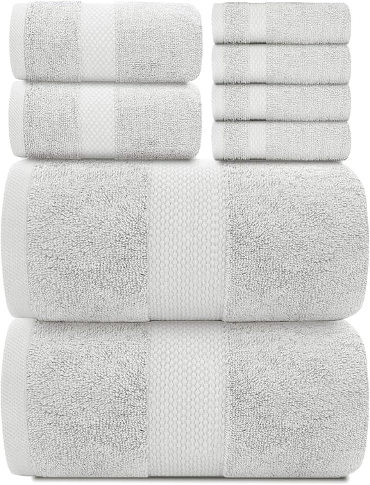 White Classic Luxury Bath Towel Set of 8 Pieces - 100% Turkish Cotton Highly Absorbent Towels for Bathroom, 2 Luxury Bath Towels 700GSM, 2 Hand Towels, 4 Washcloths, Silver