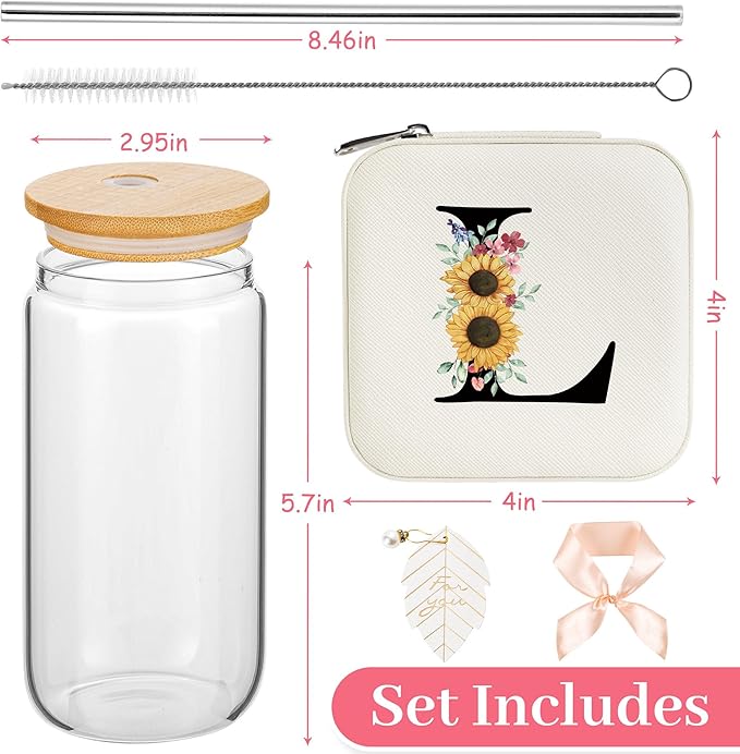 AYGXU glass cups with lids and straws,bridesmaid proposal gifts,personalized gifts for women,Birthday Gifts for women,Teacher graduation gifts,Mothers Day gifts,Initial L white