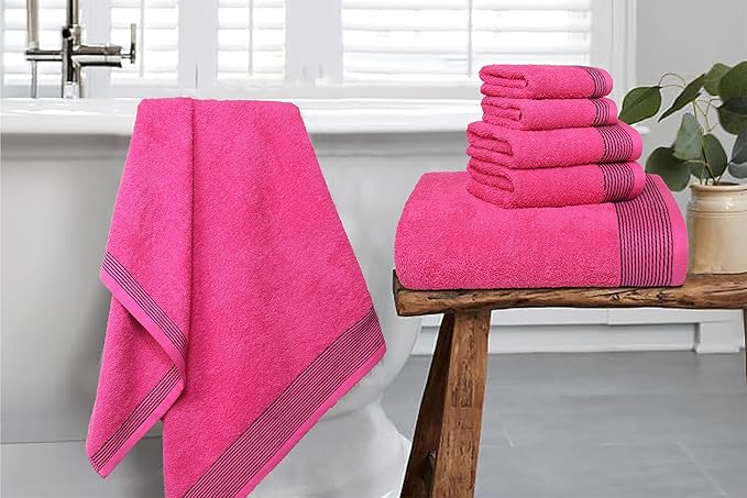 Belizzi Home 100% Cotton Ultra Soft 6 Pack Towel Set, Contains 2 Bath Towels 28x55 inchs, 2 Hand Towels 16x24 inchs & 2 Washcloths 12x12 inchs, Compact Lightweight & Highly Absorbant - Hot Pink