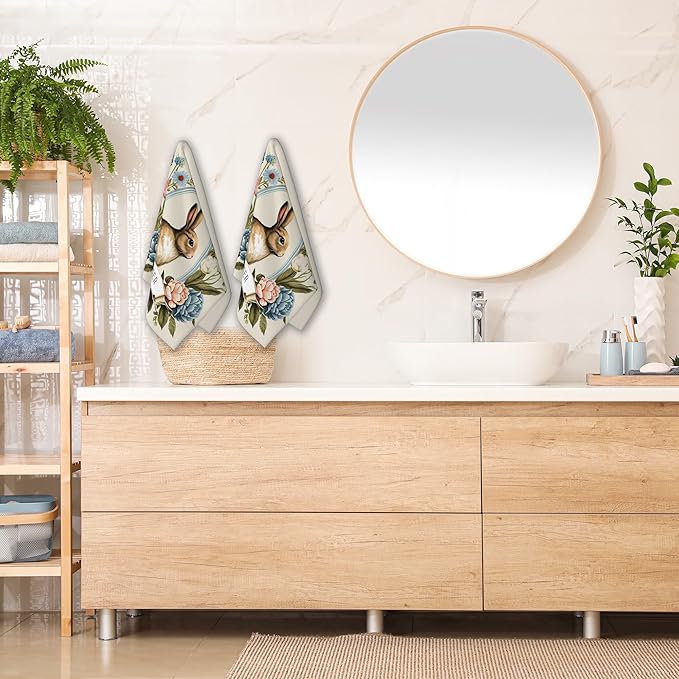 Hand Towels for Bathroom Set of 2,Vintage Easter Bunny Flowers Hand Towels Decorative Soft Bathroom Towels for Kitchen Guest Gym Spa 14x28in