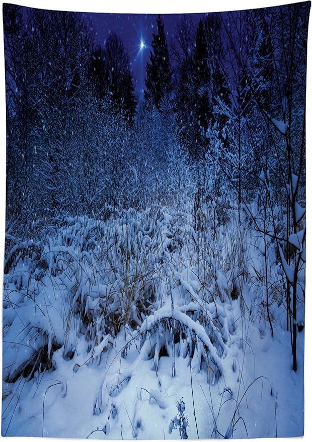 Ambesonne Christmas Tablecloth, Snowy Forest at Night with Xmas Star Holiday Blizzard Winter Sky Universe, Dining Room Kitchen Rectangular Table Cover, 60" X 84", Navy Blue