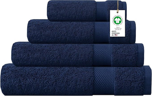 Delara 100% Organic Cotton Towels 650 GSM Plush Feather Touch Quick Dry Towel, 4-Piece Towel Set GOTS Certified, Oeko-Tex Green Certified, 1 Bath Towel, 1 Bath Sheet, 1 Hand Towel & 1 Wash Cloth