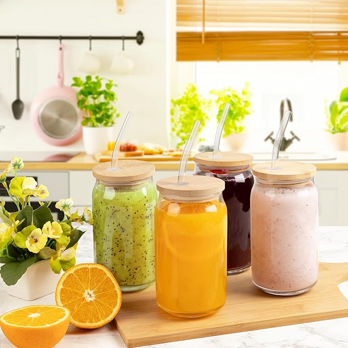 Glass Cups with Lids and Straws, 16 Oz - Set of 8 Reusable Iced Cold Coffee Tumblers - Clear Glass Bottle for Water with Bamboo Lids