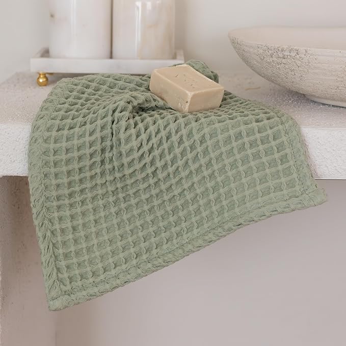 Premium Waffle Hand Towels Pack of 4 Extra Large 20x35 inch - 100% Turkish Cotton, Waffle Weave, Quick Dry, Lint Free, Absorbent Sage Green Hand Bath Towel (Sage, Set of 4 Hand Towels)