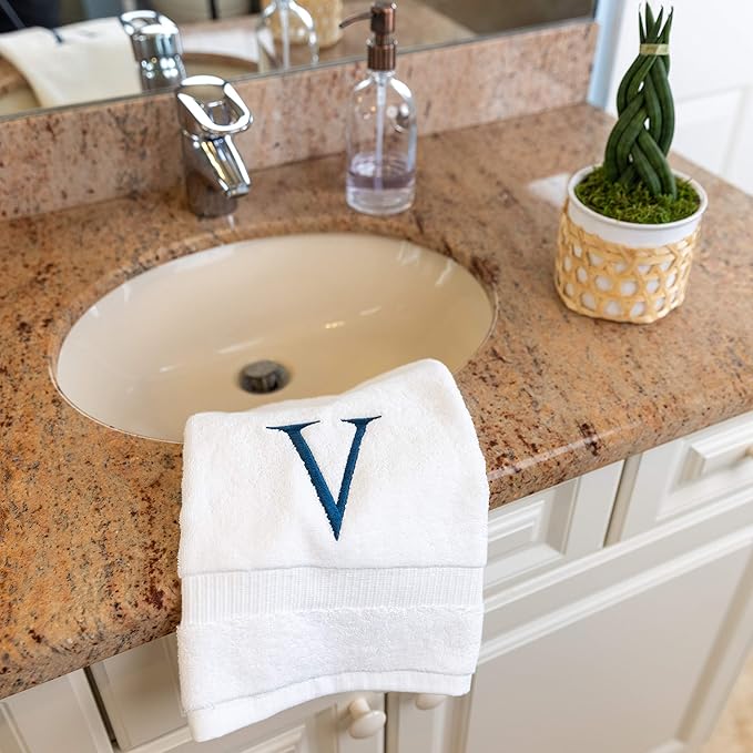 Monogrammed Hand Towels for Bathroom - Luxury Hotel Quality Personalized Initial Decorative Embroidered Bath Towel for Powder Room, Spa - GOTS Organic Certified - Set of 2 Navy Letter V