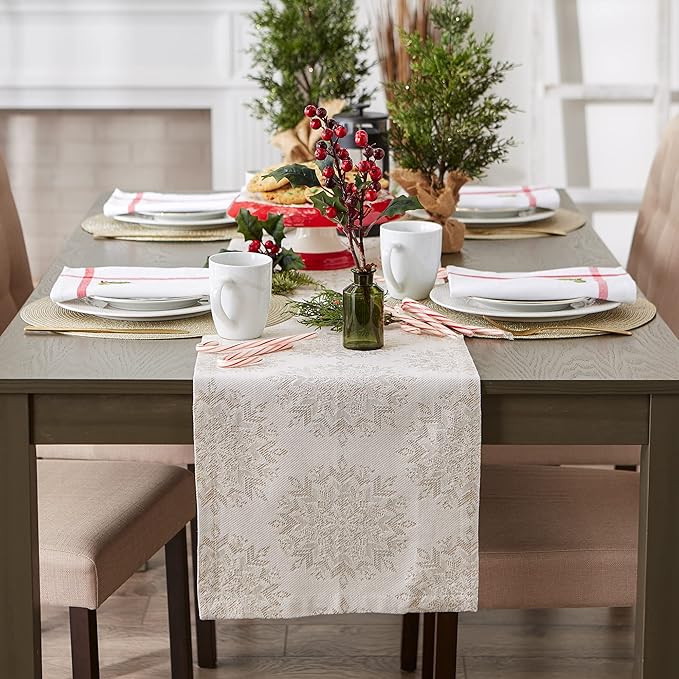DII Holiday Dining Table Linen Sparkle Metallic Kitchen Décor, Table Runner, 14x72, Jacquard Snowflakes