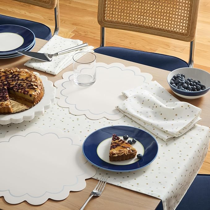 Kate Spade New York Scallop Edge Round Reversible Placemats 6-Pack Set, Imitation Leather with Metallic Print, Water Resistant, Easy Wipe Clean, White/Silver, 15" Round