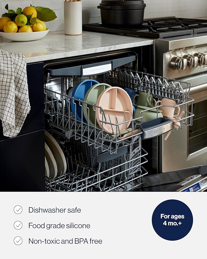 Lalo First Bites Starting Solids Silicone Baby Feeding Set with Suction Bowl, 2 Spoons and 1 Bib - 4-Piece Baby-Led Weaning Supplies - Non-Toxic Silicone Infant Tableware - Grapefruit