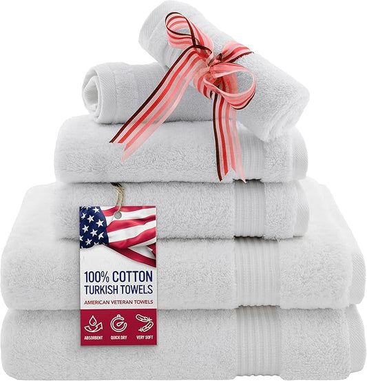 American Veteran Towel, 6 Piece Towel Set for Bathroom, 100% Cotton Turkish Bathroom Towels, 2 Bath Towels 2 Hand Towels 2 Washcloths, White