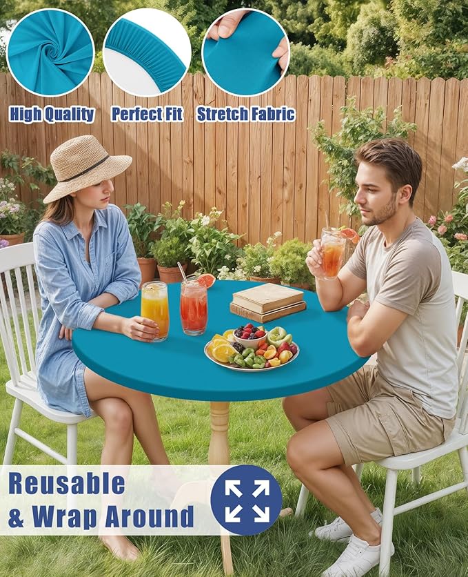Round Spandex Tablecloth, Elastic Fitted Waterproof Tablecloths for 57"-68" Tables, Stretch Washable Picnic Table Cover for Camping, Dining, Indoor and Outdoor, Turquoise