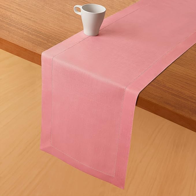 D'Moksha Homes Linen Dusty Pink Table Runner 54 Inches - Classic Hemstitch, 100% Pure Linen Coffee Table Runner 14 x 54 Inch Ideal for Dresser Tables - Winter, Holiday, New Year