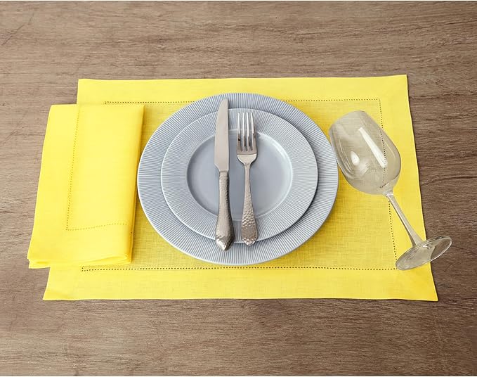 Solino Home Sunshine Yellow Linen Napkins Set of 4-100% Pure Linen Hemstitch Dinner Napkins 20 x 20 Inch - Classic Hemstitch
