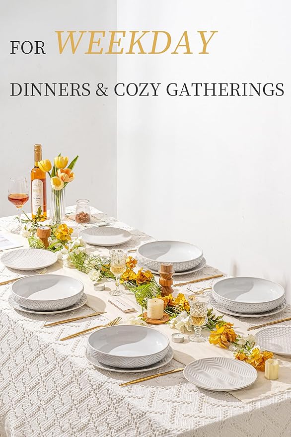 12-Piece Embossed Dinnerware Set–4 Dinner Plates,4 Salad Plates,4 Pasta Bowls,Ceramic, Dishwasher & Microwave Safe,Elegant Rustic Tableware for Family Use