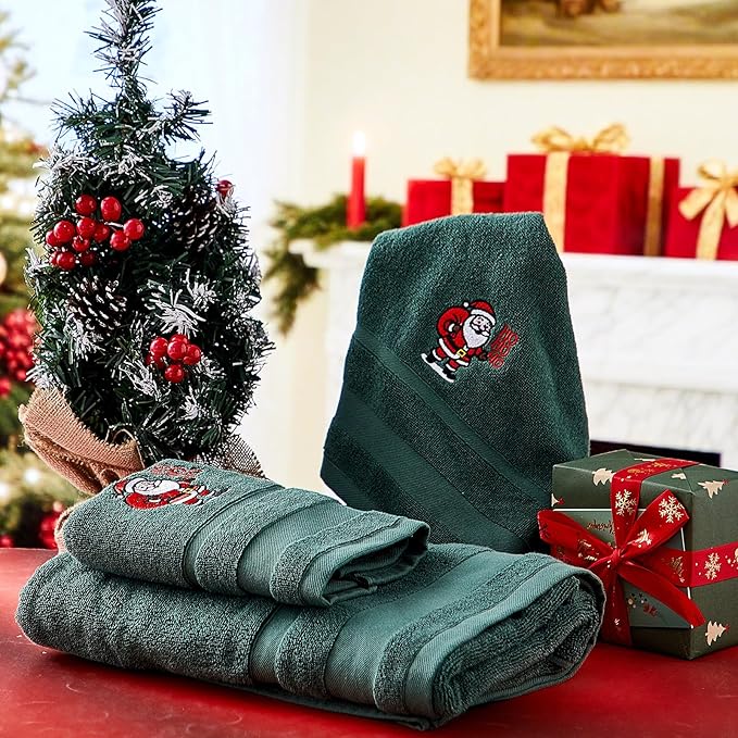 Peryiter 6 Pack Cotton Christmas Bath Towels Set Green Santa Claus Towels for Bathroom, Soft and Absorbent, Contains 2 Bath Cloth, 2 Hand Cloth and 2 Wash Cloths