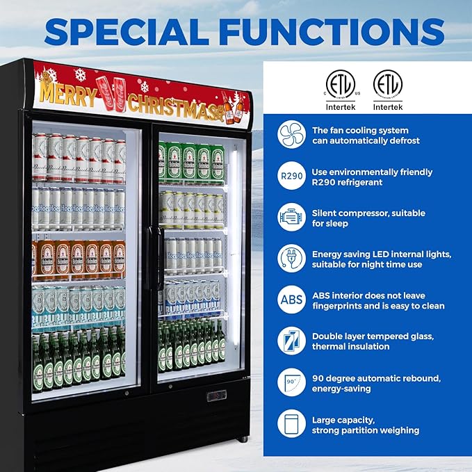 36 cu.ft Commercial Refrigerators with 2 Glass Door, Beverage Fridge with LED Light Display Upright Merchandiser, Drink Cooler with 8 Adjustable Shelves Black ETL Approved