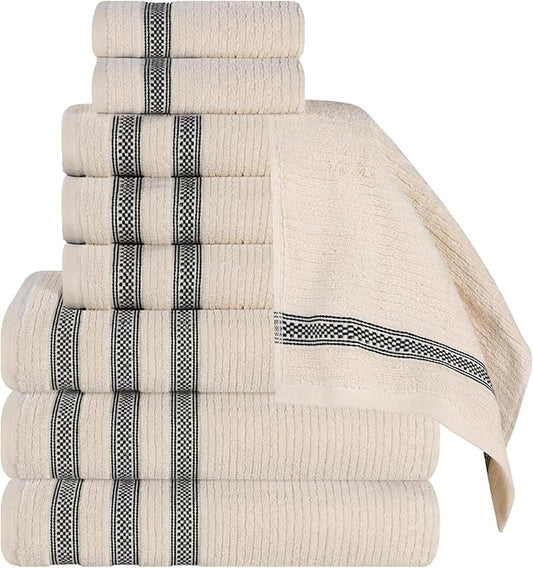 Superior Cotton 9-Piece Towel Set, Zero Twist, Ribbed Geometric, Bathroom Essentials, Shower, Spa, Luxury Plush Soft Absorbent Towels, Includes 3 Bath, 3 Hand, 3 Washcloth/Face Towels, Ivory
