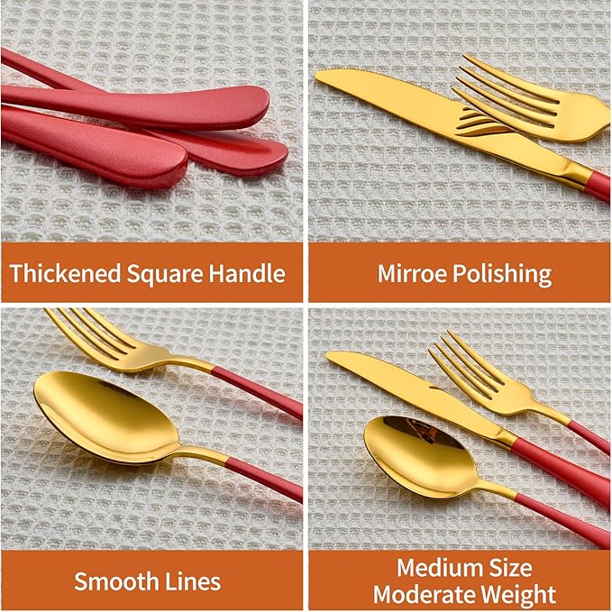 20 Piece Gold and Red 18/0 Flatware Utensil Set for 4, Include Dinner Knife,Dinner Forks,Dinner Spoons,Salad Forks,Teaspoons,Silverware Set for 4, Dishwasher Safe