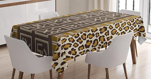 Ambesonne Tribal Tablecloth, Savannah Leopard Motif with Abstract Folk and Wild Effects Art Print, Rectangular Table Cover for Dining Room Kitchen Decor, 52" X 70", Coffee Chocolate