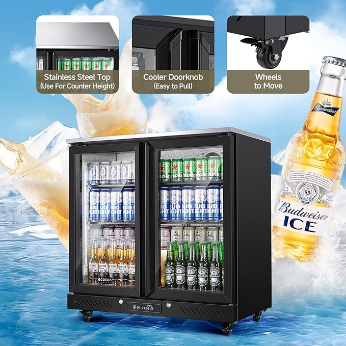 BODEGACOOLER Back Bar Cooler With 2 Glass Doors,Beverage Refrigerator 7.7 Cu.Ft Commercial Display Bar Fridge LED Lighting,36 inch Height Beverage Cooler for Soda Drinks,Beer with Stainless Steel Top