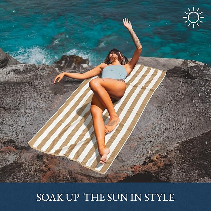 LANE LINEN 100% Cotton Beach Towel - Pack of 2, Cabana Stripe Pool Towels, Oversized Beach Towels for Adults (30" x 60”), Super Absorbent, Large Beach Towels, Quick Dry Towel - Biege