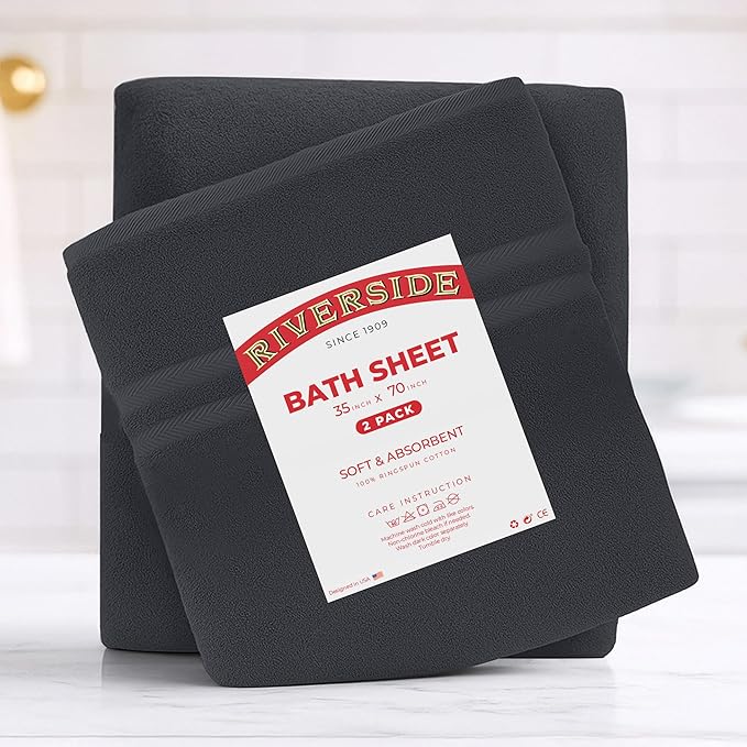 RIVERSIDE Pack of 2 Extra Large Bath Sheets 35 x 70 Inches - 100% Ring Spun Cotton Hotel Quality Oversized Bath Towels - Super Soft, Highly Absorbent & Quicker to Dry - Charcoal