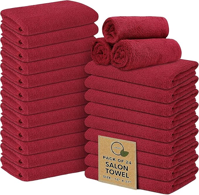 Softolle Salon Towels – Pack of 24 (16"x27") 100% Cotton Ring Spun (Not Bleach Proof) Ultra Soft, Highly Absorbent Hand Towels – Bulk for Spa, Gym & Salon (Burgundy)