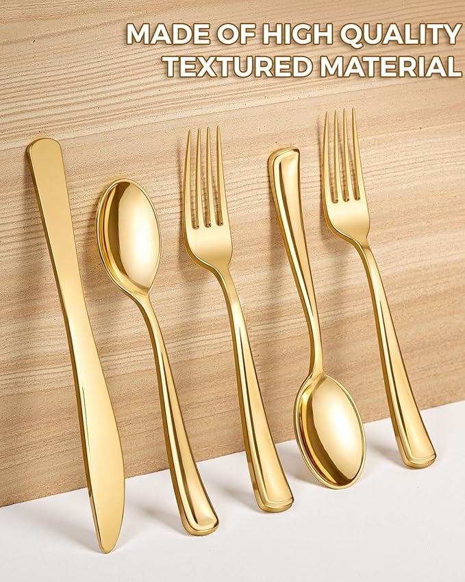 bUCLA 600 Pieces Gold Plastic Silverware - Disposable Gold Utensils - Heavyweight Plastic Cutlery set- 200 Forks, 200 Spoons, 200 Knives for Party & Thanksgiving