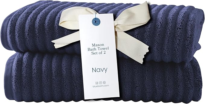Blue Loom Ribbed Bath Towels Set, 100% Cotton 600 GSM, Soft Absorbent Durable Quick Drying 2 Bath Towels for Bathroom - Mason Set of 2 Navy (58" x 30" Inch)