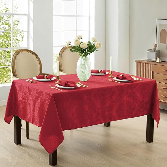Newbridge Christmas Barcelona Damask Fabric Tablecloth, 52 x 70 Inch Rectangle, Red – No Iron, Soil Resistant Table Cover for Dining, Parties and Holidays