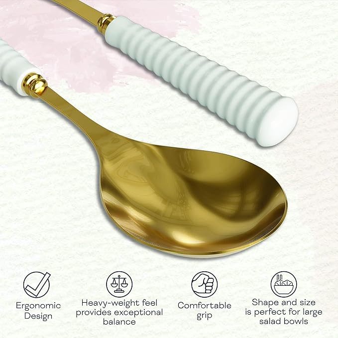 Portmeirion Sophie Conran Salad Servers 10-Inch - Set of 2, Gold Metal Spoons with Fine Porcelain Ripple Handles, Elegant Cutlery for Serving Salads & Dining Presentation